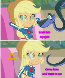 Size: 1133x1355 | Tagged: safe, artist:hypnotic37, edit, edited screencap, screencap, applejack, human, snake, equestria girls, g4, beach, duo, female, hypno eyes, hypnojack, hypnosis, hypnotized, kaa, kaa eyes, looking at each other, looking at someone, male, master