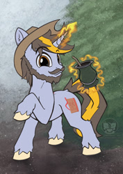 Size: 724x1023 | Tagged: safe, artist:calena, oc, oc only, oc:yerba mate, pony, unicorn, chimarrão, colored, cowboy hat, cute, facial hair, flat colors, gourd, hat, horn, looking at you, magic, male, moustache, raised hoof, solo