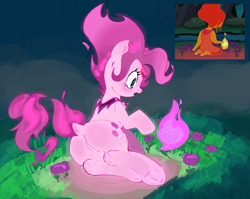 Size: 2262x1804 | Tagged: safe, artist:maremagnet, pinkie pie, earth pony, pony, g4, adventure time, balloonbutt, butt, dock, featureless crotch, fire, flame princess, flower, frog (hoof), plot, ponified, solo, tail, underhoof