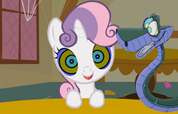 Size: 1280x819 | Tagged: safe, artist:marybethemberjoy49-1, edit, edited screencap, screencap, sweetie belle, pony, snake, unicorn, call of the cutie, g4, duo, female, filly, foal, hypno eyes, hypnosis, hypnotized, kaa, kaa eyes, male, open mouth, open smile, smiling