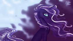 Size: 1920x1080 | Tagged: safe, artist:lesque, nightmare rarity, pony, unicorn, g4, blue eyes, concave belly, curly hair, curly mane, depressed, digital art, ethereal mane, ethereal tail, eyeshadow, female, flowing mane, flowing tail, gift art, horn, lonely, long horn, long mane, long tail, looking at you, makeup, mare, purple mane, purple tail, sad, signature, sitting, slender, solo, tail, thin, windswept mane, windswept tail