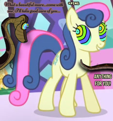 Size: 1106x1188 | Tagged: safe, artist:stopthedab10, edit, edited screencap, screencap, bon bon, sweetie drops, earth pony, pony, snake, g4, green isn't your color, carousel boutique, duo, female, grin, hypno eyes, hypnosis, hypnotized, kaa, kaa eyes, male, mare, smiling, story included