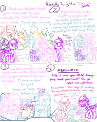 Size: 4779x6013 | Tagged: safe, artist:adorkabletwilightandfriends, lily, lily valley, princess cadance, princess flurry heart, shining armor, spike, starlight glimmer, twilight sparkle, alicorn, dragon, pony, unicorn, comic:adorkable twilight and friends, g4, adorkable, adorkable twilight, bowl, car, comic, confused, cute, dork, driving, family, female, filly, foal, holiday, leftovers, love, magic, male, mare, mess, night, slice of life, surprised, sweat, thanksgiving, tired, twilight sparkle (alicorn)