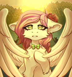 Size: 1150x1235 | Tagged: safe, artist:faract, oc, oc only, oc:ellie berryheart, pegasus, pony, g4, black eyeshadow, bowtie, chest fluff, ear fluff, evening, eyeshadow, female, flower, flower in hair, fluffy, forest, green eyes, lightning, long eyelashes, looking at you, makeup, nature, solo, sun, tree, wings