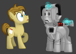 Size: 2869x2035 | Tagged: safe, artist:tidmouthmilk12, oc, oc:tidmouth milk, cyber pony, cyberman, earth pony, pony, blaster, doctor who, high res, laser rifle, magic, ponified, shocked, simple background, telekinesis, wip