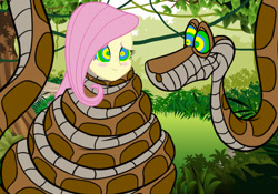 Size: 1280x896 | Tagged: safe, artist:a-new-recipeh, fluttershy, human, snake, equestria girls, g4, blushing, coils, cute, duo, female, forest, humanized, hypno eyes, hypnoshy, hypnosis, hypnotized, jungle, kaa, kaa eyes, male, nature, shyabetes, smiling, tree, wrapped up