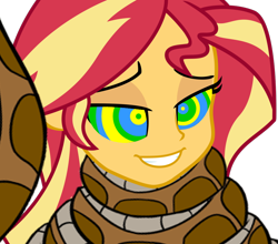 Size: 954x838 | Tagged: safe, artist:a-new-recipeh, sunset shimmer, human, snake, equestria girls, g4, coils, female, grin, humanized, hypno eyes, hypnosis, hypnotized, kaa, kaa eyes, lidded eyes, simple background, smiling, transparent background, wrapped up