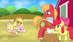 Size: 1200x686 | Tagged: safe, artist:empyu, apple bloom, applejack, big macintosh, fluttershy, bird, chicken, earth pony, pegasus, pony, g4, :t, abuse, cleaver, crying, floppy ears, flutterbuse, go to sleep gladmane, gritted teeth, holiday, imminent decapitation, implied ponies eating meat, mouth hold, pinned, remake, spread wings, teeth, thanksgiving, tree stump, wings