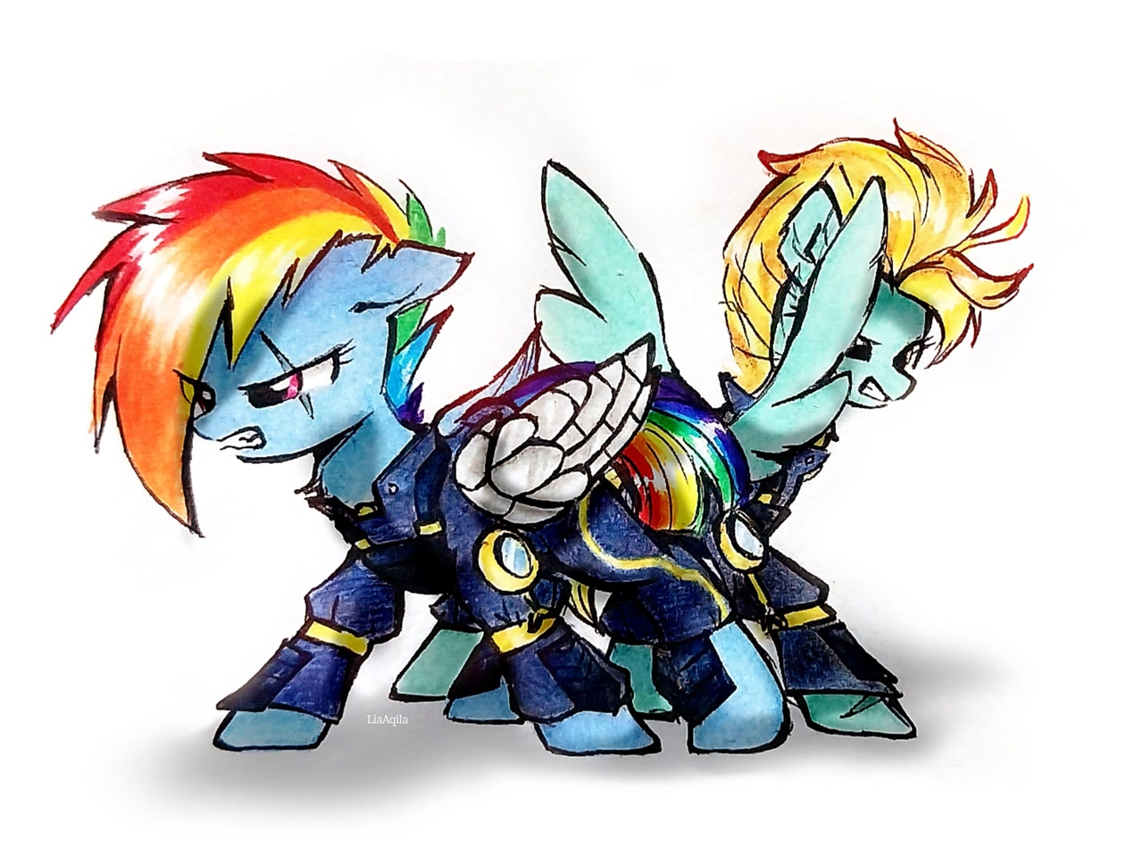 [alternate timeline,amputee,artificial wings,augmented,duo,g4,lightning dust,pegasus,pony,prosthetics,rainbow dash,safe,scar,simple background,teeth,white background,wings,gritted teeth,prosthetic limb,spread wings,apocalypse dash,crystal war timeline,prosthetic wing,eye scar,artist:liaaqila,facial scar]