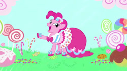 Size: 1280x720 | Tagged: safe, screencap, pinkie pie, earth pony, pony, g4, suited for success, clothes, dress, gala dress, solo