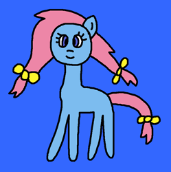 Size: 725x729 | Tagged: safe, artist:the-rainbow-nigga420, bow tie (g1), earth pony, pony, g1, g4, 1000 hours in ms paint, blue background, bow, cute, female, g1 to g4, generation leap, hair bow, mare, ms paint, no freckles, paint.net, simple background, smiling, solo, tail, tail bow, tieabetes