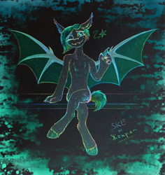 Size: 2040x2160 | Tagged: safe, artist:jehr, oc, oc only, oc:sofy, bat pony, cat, cat pony, hybrid, original species, pegasus, anthro, unguligrade anthro, anthro oc, bat ears, bat eyes, bat pony oc, bat wings, chilli, claws, food, hand, high res, looking at you, one eye closed, paws, sitting, smiling, smiling at you, solo, spread wings, trade, traditional art, wings, wink, winking at you