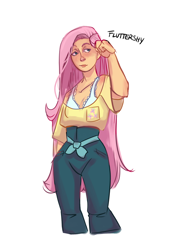 Size: 2488x3533 | Tagged: safe, artist:artbysarf, fluttershy, human, g4, bra, clothes, female, high res, humanized, pants, shirt, simple background, solo, underwear, white background