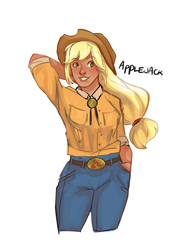 Size: 2488x3533 | Tagged: safe, artist:artbysarf, applejack, human, g4, applejack's hat, belt, clothes, cowboy hat, denim, female, freckles, grin, hat, high res, humanized, jeans, pants, shirt, simple background, smiling, solo, white background