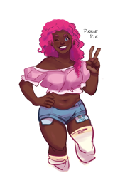 Size: 2488x3533 | Tagged: safe, artist:artbysarf, pinkie pie, human, g4, alternate hairstyle, belly button, chubby, clothes, dark skin, female, grin, high res, humanized, midriff, one eye closed, peace sign, plump, short shirt, shorts, simple background, smiling, socks, solo, stockings, thigh highs, white background, wink