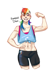 Size: 2488x3533 | Tagged: safe, artist:artbysarf, rainbow dash, human, g4, abs, alternate hairstyle, asian, belly button, belly piercing, bellyring, clothes, ear piercing, earring, female, flexing, grin, high res, humanized, jewelry, lip piercing, midriff, muscles, nose piercing, piercing, shorts, simple background, smiling, solo, sports bra, sports shorts, tank top, white background