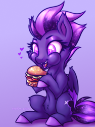 Size: 2250x3000 | Tagged: safe, artist:shad0w-galaxy, oc, oc only, oc:shadow galaxy, pegasus, pony, belly, belly button, burger, cheek bulge, cheeseburger, chibi, cute, ear fluff, eating, fangs, female, fluffy, food, gradient background, hamburger, heart, heart eyes, high res, hooves, mare, meat, open mouth, pegasus oc, ponies eating meat, sitting, solo, sternocleidomastoid, wingding eyes