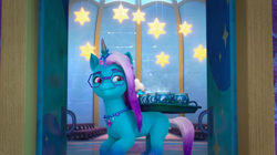 Size: 1376x772 | Tagged: safe, screencap, comet (g5), auroricorn, pony, unicorn, g5, my little pony: make your mark, my little pony: make your mark chapter 6, secrets of starlight, spoiler:g5, spoiler:my little pony: make your mark, spoiler:my little pony: make your mark chapter 6, spoiler:mymc06e04, chocolate, food, glasses, hot chocolate, jewelry, male, necklace, smiling, stallion