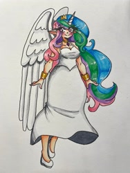 Size: 3024x4032 | Tagged: safe, artist:mylittleyuri, princess celestia, human, g4, blushing, breasts, busty princess celestia, clothes, colored pencil drawing, dress, elf ears, eye clipping through hair, eyebrows, eyebrows visible through hair, female, high res, horn, horned humanization, humanized, light skin, shoes, simple background, smiling, solo, traditional art, white background, winged humanization, wings