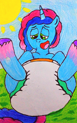 Size: 1966x3156 | Tagged: safe, artist:bitter sweetness, misty brightdawn, pony, unicorn, g5, abdl, adult foal, blue sky, diaper, diaper fetish, fetish, grass, high res, non-baby in diaper, poofy diaper, traditional art
