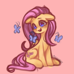 Size: 2000x2000 | Tagged: safe, artist:amaeeart, fluttershy, butterfly, pegasus, pony, g4, blushing, cute, female, floppy ears, folded wings, high res, looking at something, mare, open mouth, open smile, red background, simple background, sitting, smiling, solo, turned head, wings