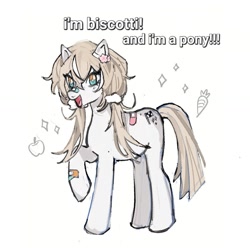 Size: 1273x1263 | Tagged: artist needed, safe, pony, apple, bandaid, bandaid on nose, biscotti (v4mirai), carrot, dialogue, female, food, mare, ponified, raised hoof, simple background, solo, vtuber, white background