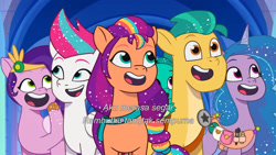 Size: 3072x1727 | Tagged: safe, screencap, hitch trailblazer, izzy moonbow, pipp petals, sparky sparkeroni, sunny starscout, zipp storm, dragon, earth pony, pegasus, pony, unicorn, crystal ball (episode), g5, my little pony: tell your tale, spoiler:g5, spoiler:my little pony: tell your tale, spoiler:tyts01e68, baby, baby dragon, female, indonesian, male, mane five, mare, open mouth, open smile, papa hitch, royal sisters (g5), siblings, sisters, smiling, stallion, subtitles