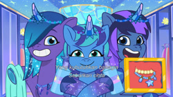 Size: 3072x1727 | Tagged: safe, screencap, auroricorn, pony, unicorn, crystal ball (episode), g5, my little pony: tell your tale, spoiler:g5, spoiler:my little pony: tell your tale, spoiler:tyts01e68, female, grin, indonesian, mare, open mouth, open smile, smiling, subtitles, trio, trio female, unnamed character