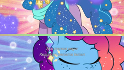 Size: 3072x1727 | Tagged: safe, screencap, izzy moonbow, misty brightdawn, pony, unicorn, crystal ball (episode), g5, my little pony: tell your tale, spoiler:g5, spoiler:my little pony: tell your tale, spoiler:tyts01e68, duo, duo female, eyes closed, female, indonesian, mare, rebirth misty, subtitles