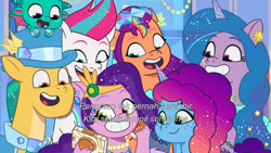 Size: 3072x1727 | Tagged: safe, screencap, hitch trailblazer, izzy moonbow, misty brightdawn, pipp petals, sparky sparkeroni, sunny starscout, zipp storm, dragon, earth pony, pegasus, pony, unicorn, crystal ball (episode), g5, my little pony: tell your tale, spoiler:g5, spoiler:my little pony: tell your tale, spoiler:tyts01e68, baby, baby dragon, cellphone, clothes, dress, female, grin, indonesian, male, mane five, mane six (g5), mare, open mouth, open smile, papa hitch, phone, rebirth misty, royal sisters (g5), selfie, siblings, sisters, smartphone, smiling, stallion, subtitles
