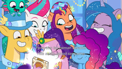 Size: 3072x1727 | Tagged: safe, screencap, hitch trailblazer, izzy moonbow, misty brightdawn, pipp petals, sparky sparkeroni, sunny starscout, zipp storm, dragon, earth pony, pegasus, pony, unicorn, crystal ball (episode), g5, my little pony: tell your tale, spoiler:g5, spoiler:my little pony: tell your tale, spoiler:tyts01e68, adorapipp, adorazipp, baby, baby dragon, cellphone, clothes, cute, dress, eyes closed, female, grin, hat, indonesian, izzybetes, jabot, male, mane five, mane six (g5), mare, mistybetes, one eye closed, open mouth, open smile, papa hitch, phone, rebirth misty, royal sisters (g5), selfie, siblings, sisters, smartphone, smiling, stallion, subtitles, sunnybetes, top hat, wink