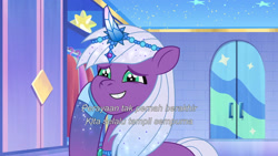 Size: 3072x1727 | Tagged: safe, screencap, violet frost, auroricorn, pony, unicorn, crystal ball (episode), g5, my little pony: tell your tale, spoiler:g5, spoiler:my little pony: tell your tale, spoiler:tyts01e68, female, grin, indonesian, mare, smiling, solo, starry eyes, subtitles, wingding eyes