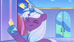 Size: 3072x1727 | Tagged: safe, screencap, violet frost, auroricorn, pony, unicorn, crystal ball (episode), g5, my little pony: tell your tale, spoiler:g5, spoiler:my little pony: tell your tale, spoiler:tyts01e68, eyes closed, female, mare, smiling, solo