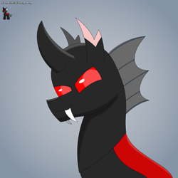 Size: 2000x2000 | Tagged: safe, artist:alejandrogmj, oc, oc:spear blade, changeling, changeling oc, fangs, gradient background, high res, looking at you, red changeling