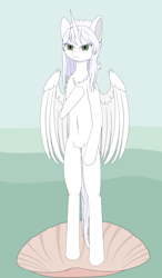 Size: 3380x5800 | Tagged: artist needed, safe, oc, oc:κασσάνδρα, alicorn, pony, semi-anthro, alicorn oc, arm hooves, belly button, chest fluff, horn, solo, the birth of venus, wings