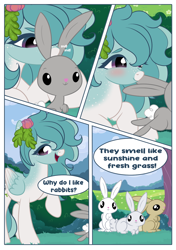 Size: 1080x1533 | Tagged: safe, artist:ynery, oc, oc only, oc:cloveline, pegasus, pony, rabbit, animal, blushing, comic, cute, sniffing, speech bubble, text