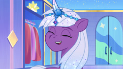 Size: 3072x1727 | Tagged: safe, screencap, violet frost, auroricorn, pony, unicorn, crystal ball (episode), g5, my little pony: tell your tale, spoiler:g5, spoiler:my little pony: tell your tale, spoiler:tyts01e68, eyes closed, female, mare, open mouth, open smile, smiling, solo