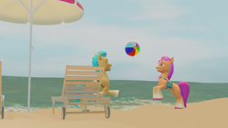 Size: 1920x1080 | Tagged: safe, artist:thisguy, hitch trailblazer, sunny starscout, earth pony, pony, g5, 3d, ball, beach, blender, chair, duo, duo male and female, female, male, mane stripe sunny, mare, playing, sand, ship:starblazer, shipping, smiling, stallion, straight, umbrella, water