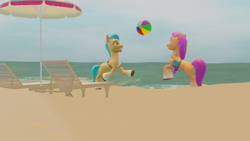 Size: 1920x1080 | Tagged: safe, artist:thisguy, hitch trailblazer, sunny starscout, earth pony, pony, g5, 3d, ball, beach, blender, chair, duo, duo male and female, female, male, mane stripe sunny, mare, playing, ship:starblazer, shipping, sports, stallion, straight, umbrella, volleyball, water