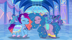 Size: 3072x1727 | Tagged: safe, screencap, izzy moonbow, misty brightdawn, auroricorn, pony, unicorn, crystal ball (episode), g5, my little pony: tell your tale, spoiler:g5, spoiler:my little pony: tell your tale, spoiler:tyts01e68, duo focus, eyes closed, female, male, mare, open mouth, open smile, rebirth misty, smiling, stallion, unnamed character