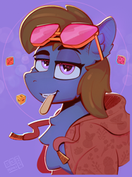 Size: 2048x2732 | Tagged: safe, artist:pedalspony, oc, oc:ad, earth pony, pony, biting, bust, clothes, dice, eyebrows, eyeliner, food, grin, high res, hoodie, lidded eyes, looking at you, makeup, popsicle, raised eyebrow, smiling, solo, sunglasses, sunglasses on head, teeth