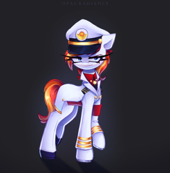 Size: 2800x2840 | Tagged: safe, artist:opal_radiance, oc, oc only, oc:silverfoot, earth pony, pony, clothes, earth pony oc, eyebrows, female, hat, high res, looking at you, mare, raised hoof, shadow, signature, smiling, smiling at you, smirk, solar, solar empire, solo, uniform, vgen