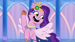 Size: 3072x1727 | Tagged: safe, screencap, pipp petals, pegasus, pony, crystal ball (episode), g5, my little pony: tell your tale, spoiler:g5, spoiler:my little pony: tell your tale, spoiler:tyts01e68, female, flying, mare, open mouth, open smile, smiling, solo, spread wings, wings