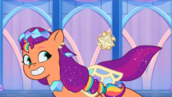 Size: 3072x1727 | Tagged: safe, screencap, sunny starscout, earth pony, pony, crystal ball (episode), g5, my little pony: tell your tale, spoiler:g5, spoiler:my little pony: tell your tale, spoiler:tyts01e68, clothes, dress, female, grin, mare, smiling, solo