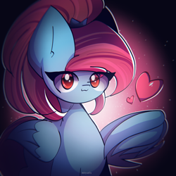 Size: 2500x2500 | Tagged: safe, artist:miryelis, oc, oc only, oc:rainven wep, pegasus, pony, :3, big ears, dark background, female, heart, high res, long hair, mare, red eyes, smiling, solo, standing, wings