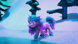 Size: 800x450 | Tagged: safe, edit, edited screencap, screencap, izzy moonbow, pony, unicorn, g5, my little pony: make your mark, my little pony: make your mark chapter 6, secrets of starlight, spoiler:g5, spoiler:my little pony: make your mark, spoiler:my little pony: make your mark chapter 6, spoiler:mymc06e04, animated, gif, ice skating, majestic as fuck, slow motion, solo