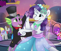 Size: 2338x1968 | Tagged: safe, artist:frostedsketch13, rarity, spike, dragon, pony, unicorn, a canterlot wedding, g4, bridesmaid, bridesmaid dress, bridesmaid rarity, clothes, dancing, dress, female, hat, holding hoof, male, mare, one eye closed, open mouth, open smile, request, ship:sparity, shipping, smiling, straight, suit, top hat, waltz