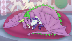 Size: 1280x732 | Tagged: safe, artist:frostedsketch13, rarity, spike, dragon, pony, unicorn, g4, adult, adult spike, carousel boutique, eye lashes, eyeshadow, female, floppy ears, long description, makeup, male, mare, married couple, older, older spike, rarity's room, ship:sparity, shipping, sleeping, sleeping together, story included, straight, winged spike, wings