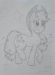 Size: 1973x2664 | Tagged: safe, artist:redapropos, applejack, earth pony, pony, g4, commission, female, flower, flower in hair, flower in tail, grayscale, high res, mare, monochrome, pencil drawing, smiling, solo, tail, traditional art
