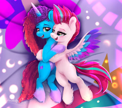 Size: 2081x1843 | Tagged: safe, artist:darksly, misty brightdawn, zipp storm, pegasus, pony, unicorn, g5, adorazipp, alternate hairstyle, blushing, colored eyebrows, colored wings, colored wingtips, cornrows, cuddling, cute, dreadlocks, duo, duo female, eyebrows, female, horn, hug, lesbian, mare, mistybetes, multicolored wings, open mouth, open smile, rebirth misty, ship:dawnstorm, shipping, signature, smiling, spread wings, unshorn fetlocks, wings